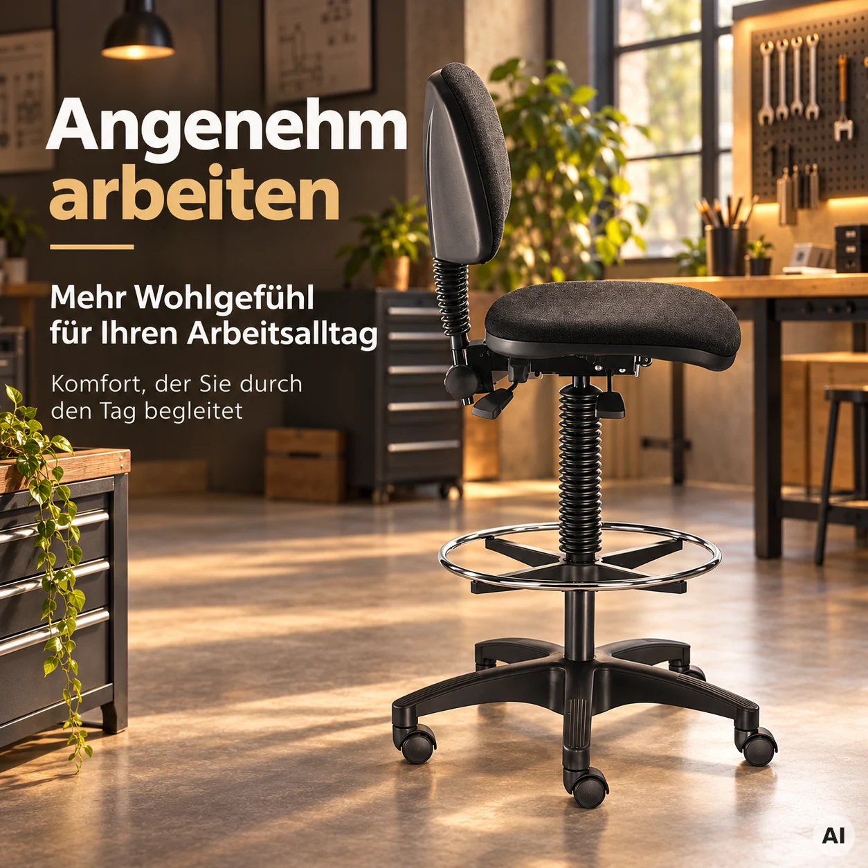 Industry 3 - Arbeitshocker mit Rückenlehne und Fußring