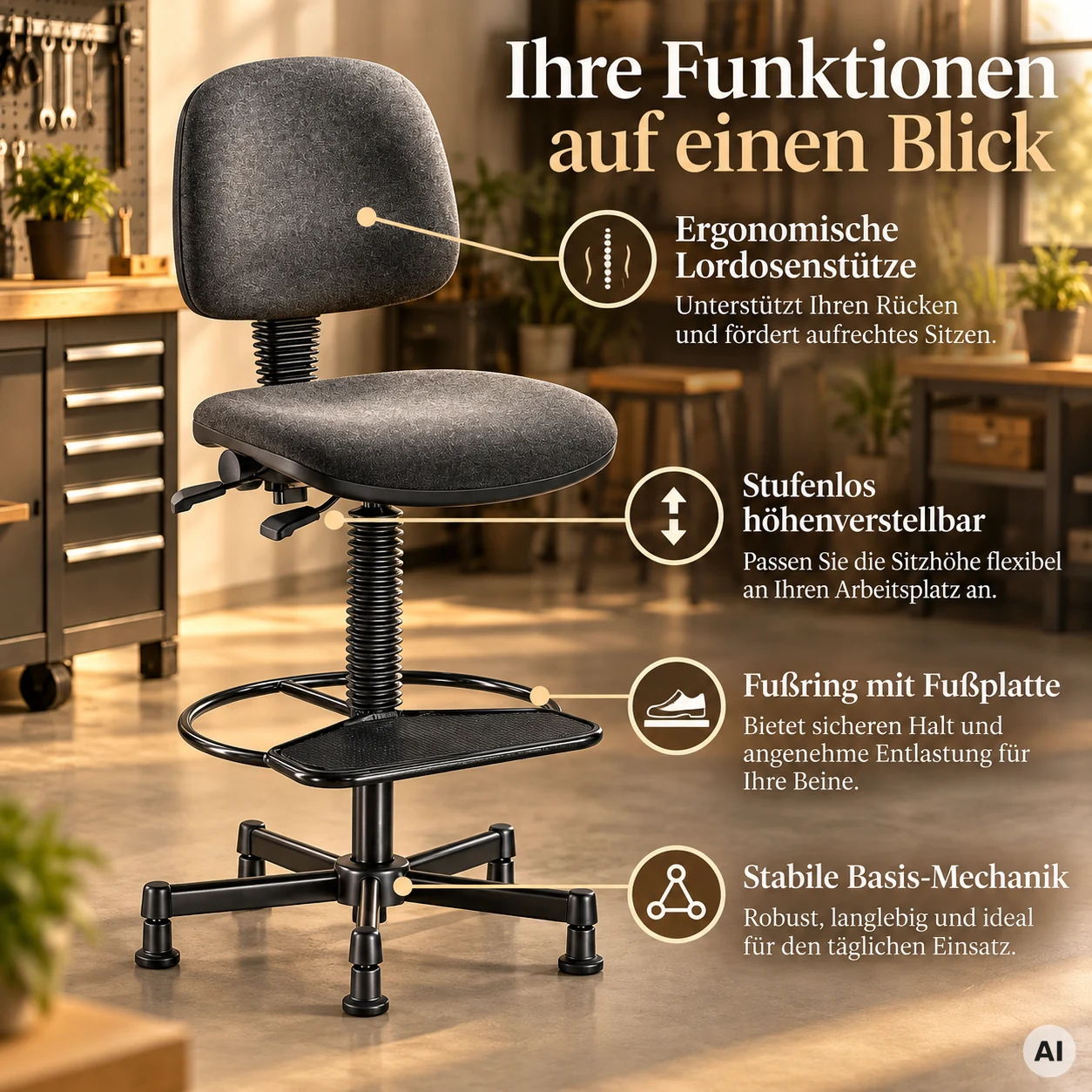Industry 2 - Hocker mir Rückenlehne und Fußablage