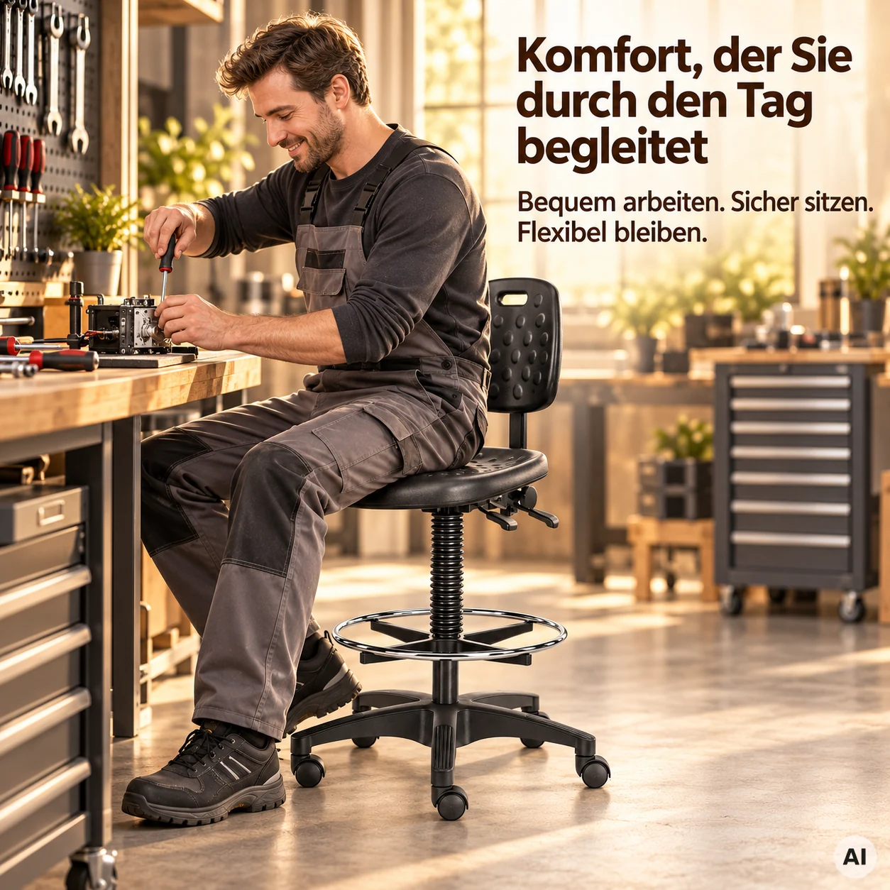 Factory 3 - PU-Arbeitshocker mit Rückenlehne und Fußring