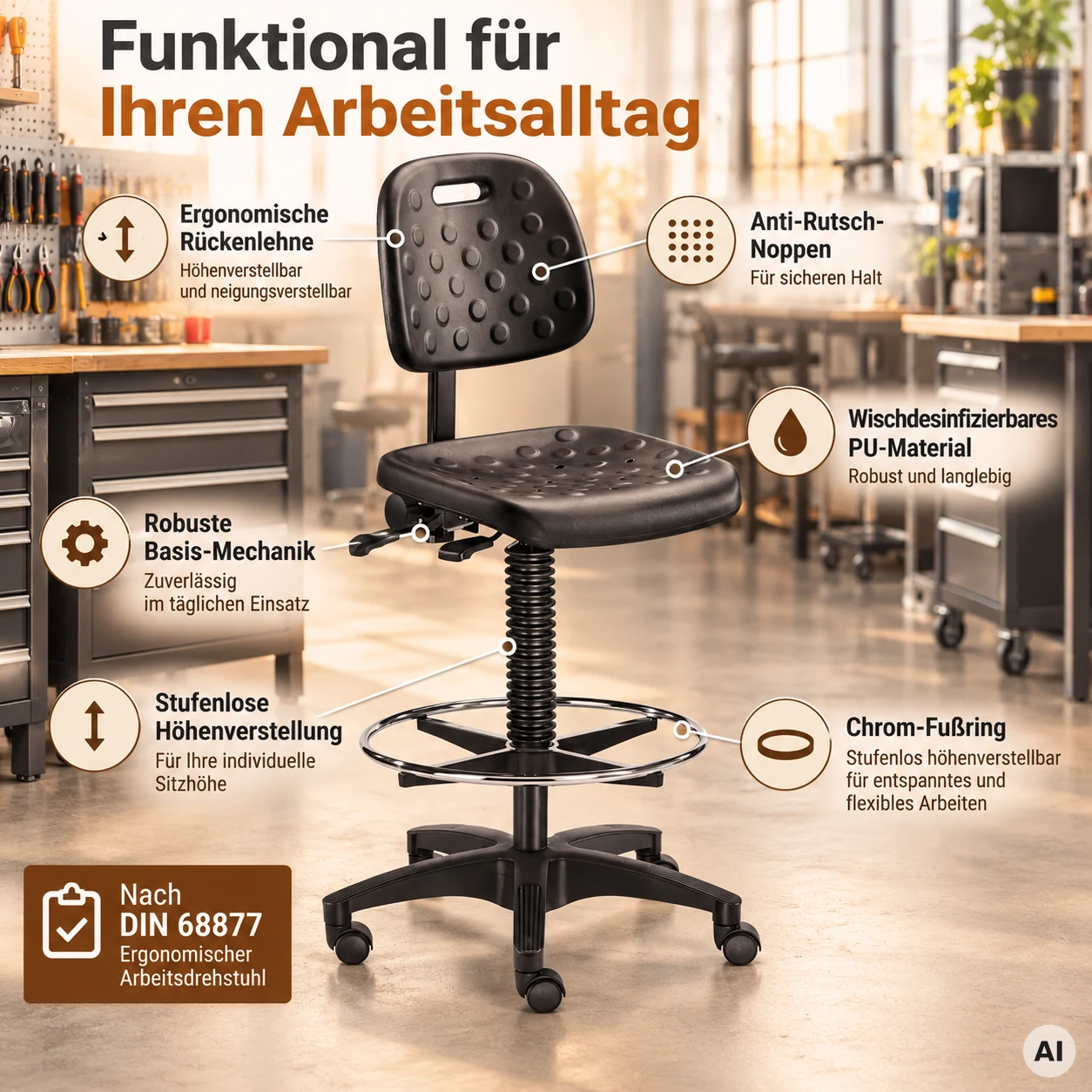 Factory 3 - PU-Arbeitshocker mit Rückenlehne und Fußring